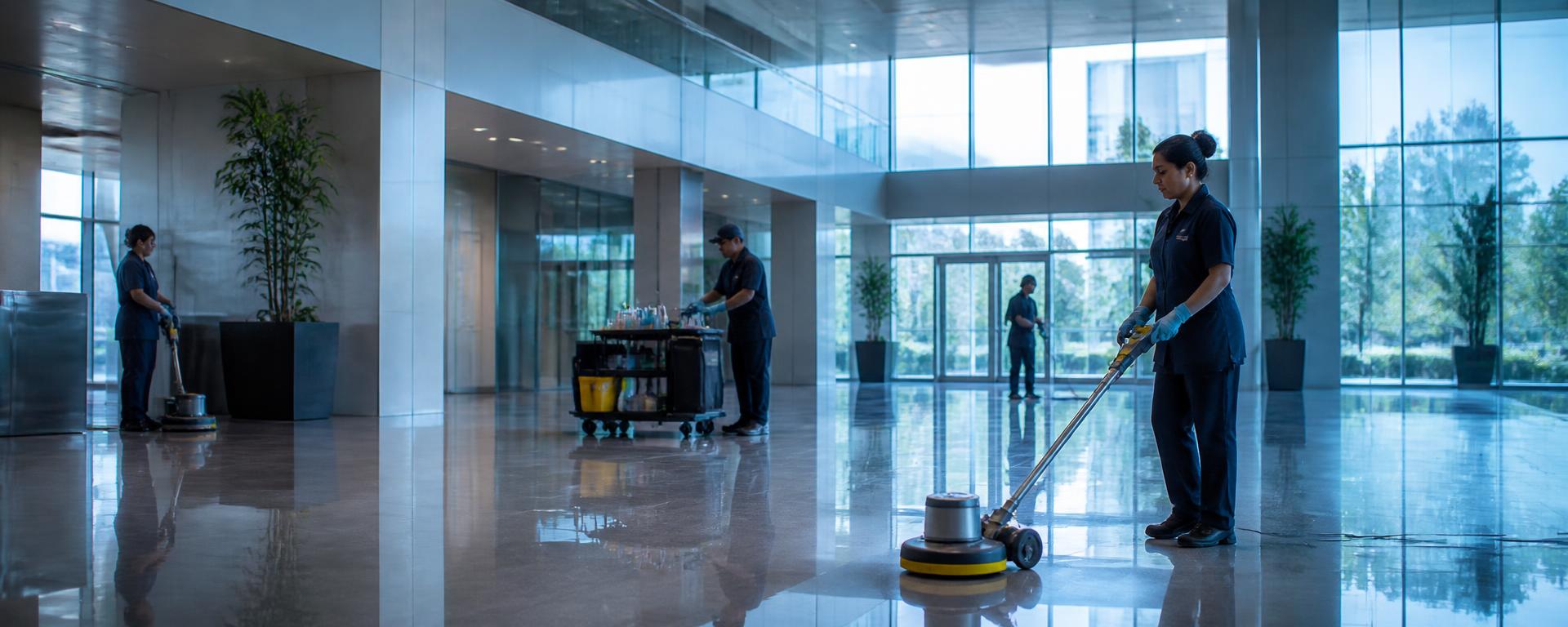 Schoonmaakploeg aan het werk in een grote kantoorlobby